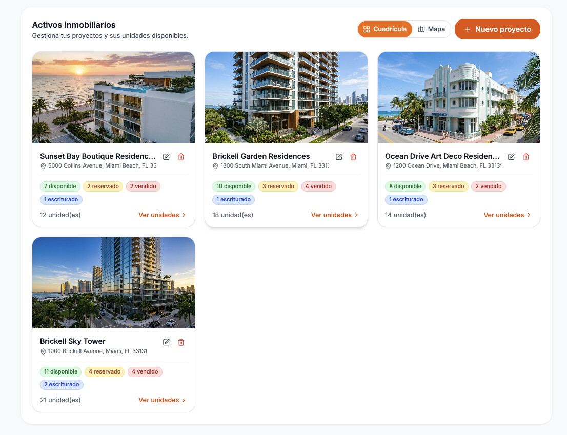 Cada proyecto muestra su foto, dirección y cuántas unidades tiene en cada estado —disponible, reservado, vendido y escriturado— con colores claros. Cambia entre vista de cuadrícula y mapa, y entra a las unidades con un clic.
